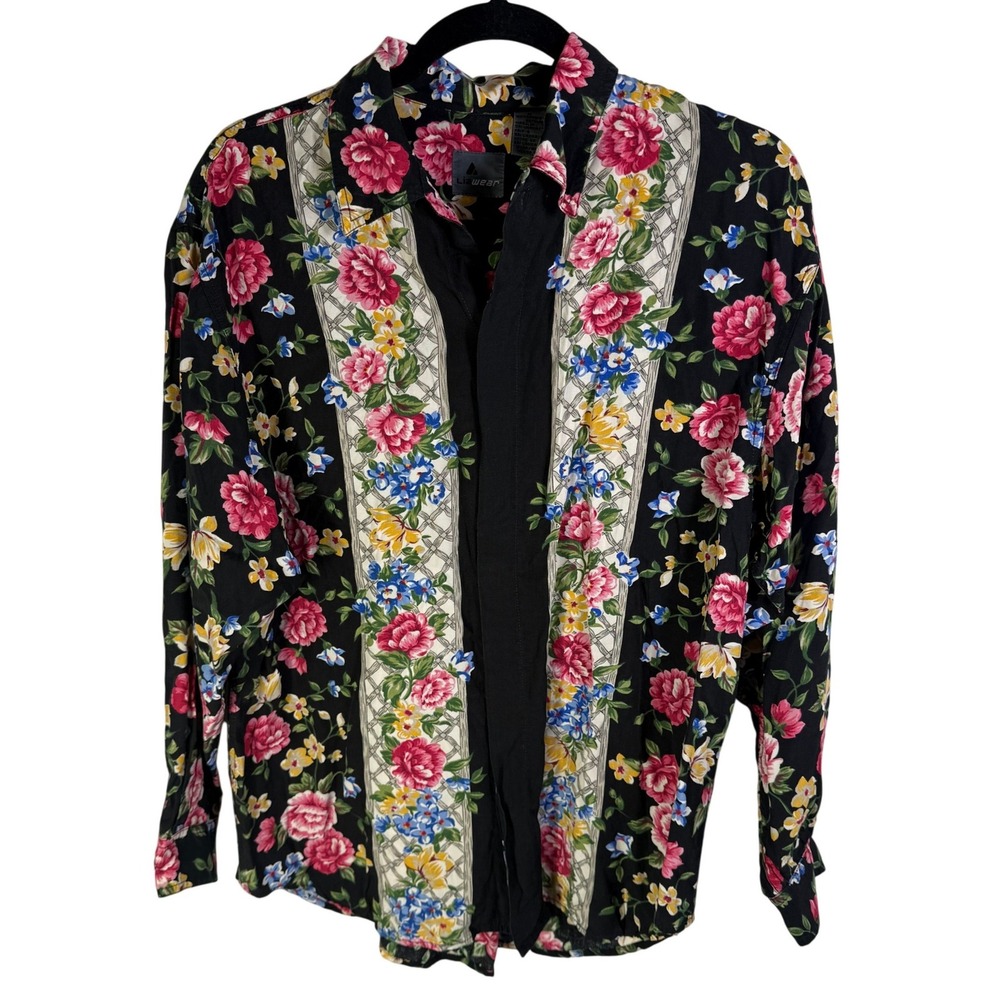 Lizwear Womens Vintage Floral Button Down Blouse Black Pink Rayon Medium